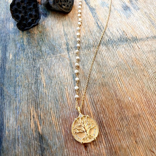 Hanka IN ilgas kaklo papuošalas su perlais ir cirkonio medalionu 